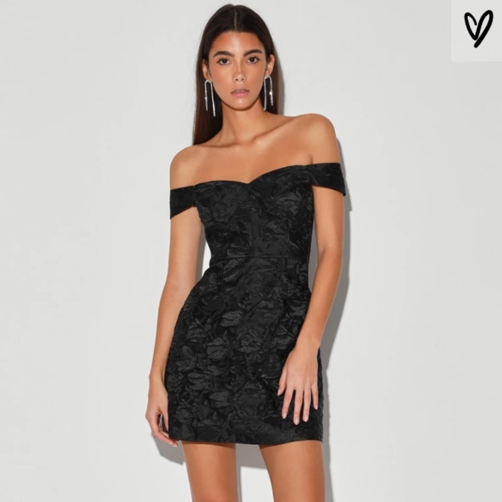 You're All Heart Black Jacquard Satin OTS Dress